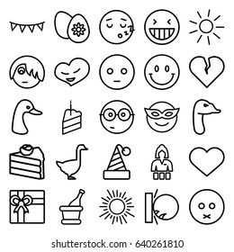 Happy icons set. set of 25 happy outline icons such as goose, sun, casino girl, gift, heart, party flag, champagne, piece of cake, easter egg, laughing emot, emoji in mask