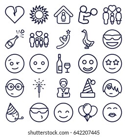 Happy icons set. set of 25 happy outline icons such as goose, casino boy, man in home, sun, family, sparkler, wink emot, smiling emot, nerd emoji, happe emoji with star eyes