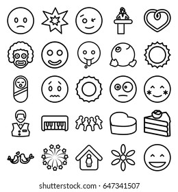 Happy icons set. set of 25 happy outline icons such as airport desk, baby food, piano toy, sun, casino boy, man in home, heart, lovebirds, heart cake, fireworks, laughing emot