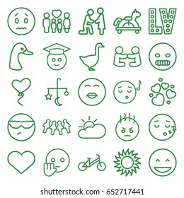 Happy icons set. set of 25 happy outline icons such as goose, bed mobile, child bicycle, vegas, sun, family, heart, heart baloons, sun cloud, laughing emot, sad emot