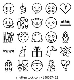 Happy icons set. set of 25 happy outline icons such as goose, casino girl, casino boy, vegas, women couple, family, love word, heart balloons, pregnant woman, party flag
