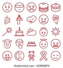 Happy icons set. set of 25 happy outline icons such as airport desk, cake with one candle, vegas, cake, heart, bear teddy, heart lock, piece of cake, ribbon, sun cloud