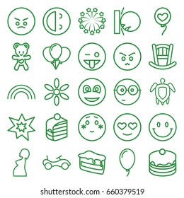 Happy icons set. set of 25 happy outline icons such as baby bed, bike, sun, piece of cake, cake, heart baloons, bear teddy, pregnant woman, balloon, smiley, fireworks