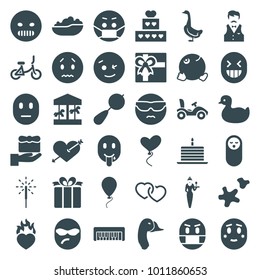 Happy icons. set of 36 editable filled happy icons such as goose, duck, beanbag, baby food, gift, wink emot, sad emot, heart with arrow, emoji in mask, dancing emoji, carousel