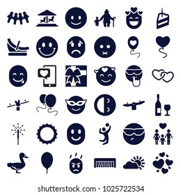 Happy icons. set of 36 editable filled happy icons such as swing, smiling emot, emoji in mask, sad emot, old woman and child, children, balloon, sparkler, piece of cake, sun