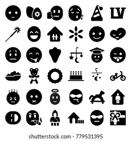 Happy icons. set of 36 editable filled happy icons such as animal fang, bed mobile, child bicycle, house, sun, casino girl, sparklers, gift, smiling emot, sad emot