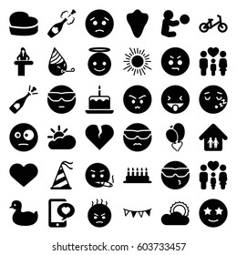 Happy icons set. set of 36 happy filled icons such as animal fang, airport desk, duck, child bicycle, cake with one candle, sad emot, cool emot in sunglasses, emoji angel