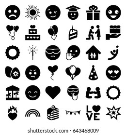 Happy icons set. set of 36 happy filled icons such as crazy emot, wink emot, graduate emoji, piece of cake, love word, heart baloons, heart balloons, party flag, sparkler