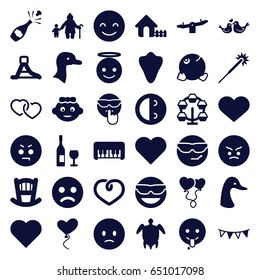 Happy icons set. set of 36 happy filled icons such as goose, animal fang, baby bed, baby girl, piano toy, swing, house, sparklers, smiling emot, emot in sun glasses