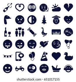 Happy icons set. set of 36 happy filled icons such as goose, duck, bike, piano toy, baby basket, sad emot, emoji showing tongue, heart with arrow, laughing emot, nerd emoji