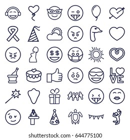 Happy icons set. set of 36 happy outline icons such as airport desk, animal fang, goose, present, heart, love word, heart baloons, sun, pregnant woman, party hat, party flag