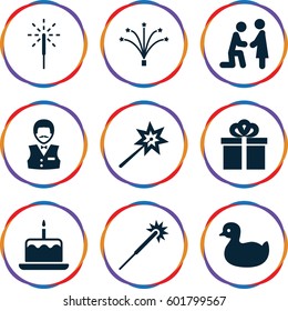 happy icons set. Set of 9 happy filled icons such as duck, cake with one candle, Casino boy, sparklers, sparkler, fireworks, gift