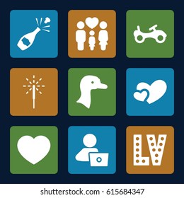 Happy icons set. set of 9 happy filled icons such as goose, bike, Vegas, man with laptop, family, heart, sparkler