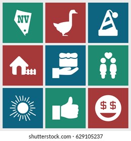 Happy icons set. set of 9 happy filled icons such as goose, house, Vegas, dollar smiley, women couple, thumbs up, party hat, gift