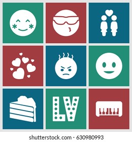Happy icons set. set of 9 happy filled icons such as piano toy, vegas, smiling emot, blush, cool emot in sunglasses, angry emot, women couple, heart