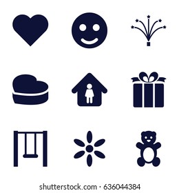 Happy icons set. set of 9 happy filled icons such as teddy bear, sun, man in home, heart cake, present, fireworks, swing, smile