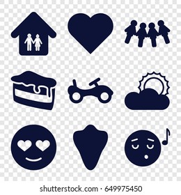 Happy icons set. set of 9 happy filled icons such as animal fang, bike, emot in love, emoji listening music, piece of cake, sun, family home, heart