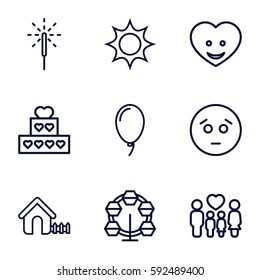 happy icons set. Set of 9 happy outline icons such as house, family, heart face, balloon, sparkler, sad emot, cake, sun