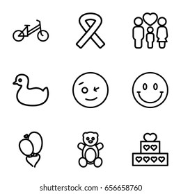 Happy icons set. set of 9 happy outline icons such as teddy bear, duck, child bicycle, family, heart baloons, ribbon, wink emot, smiley