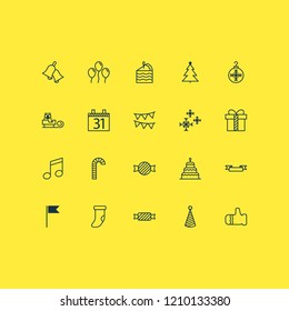 Happy icons set with candy cane, bells, sled date elements. Isolated vector illustration happy icons.