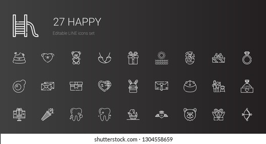 happy icons set. Collection of happy with bear, heart, elephant, tooth, confetti, gift, cake, bunny, gifts, love letter, egg, sun, cupid, engagement ring. Editable and scalable happy icons.