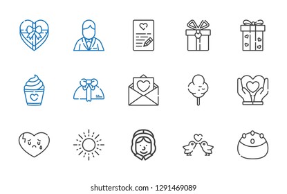 happy icons set. Collection of happy with cake, love birds, pilgrim, sun, broken heart, heart, cotton candy, love letter, gift, groom. Editable and scalable happy icons.