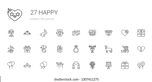 happy icons set. Collection of happy with cake, bouquet, heart, balloons, love birds, donkey, monkey, engagement ring, gift, elephant, rabbit. Editable and scalable happy icons.