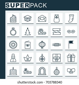 Happy Icons Set. Collection Of Celebration Cake, Christmas Ball, Doughnut And Other Elements. Also Includes Symbols Such As Sack, Traditional, Toy.