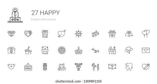 happy icons set. Collection of happy with gift, father, monkey, gifts, mask, just married, love, champagne, swing, cake, hamster, heart, garlands. Editable and scalable happy icons.