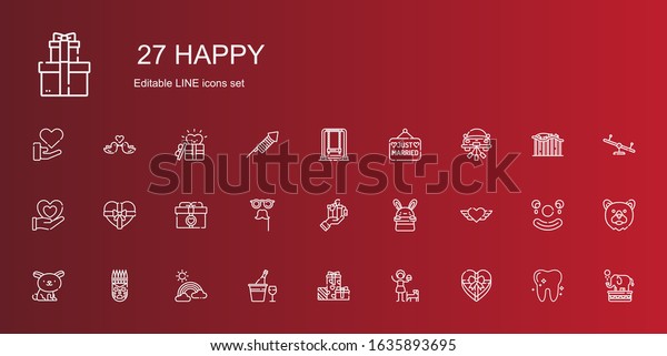 happy icons\
set. Collection of happy with gift, girl, gifts, champagne,\
rainbow, mask, rabbit, heart, bunny, wedding car, just married,\
swing. Editable and scalable happy\
icons.