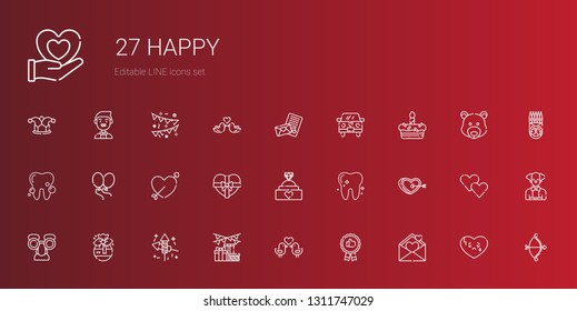 happy icons set. Collection of happy with love letter, recommended, love birds, gift, fireworks, mask, heart, tooth, engagement ring, cupid. Editable and scalable happy icons.