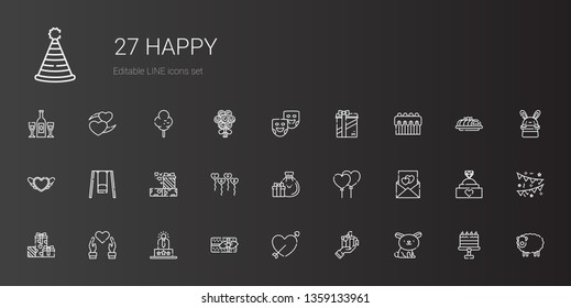 happy icons set. Collection of happy with rabbit, gift, cupid, gifts, user experience, heart, love letter, balloons, swing, cake, theater masks. Editable and scalable happy icons.