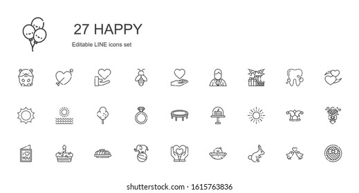 happy icons set. Collection of happy with rabbit, chick, heart, elephant, cake, love letter, sun, trampoline, engagement ring, cotton candy. Editable and scalable happy icons.