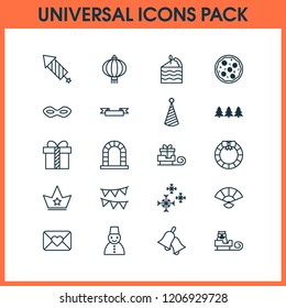 Happy icons set with crown, festive mask, close envelope and other cake piece elements. Isolated vector illustration happy icons.
