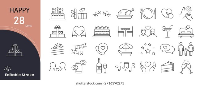 Happy icons set. Includes icons for joy, smile, positivity, satisfaction, emotions, and cheerful expressions. Perfect for wellness, lifestyle, and user experience visuals. Editable stroke. 