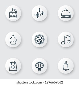 Happy icons set with snowflakes, cupcake, holiday shopping and other cake piece elements. Isolated vector illustration happy icons.