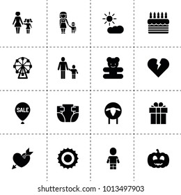 Happy icons. vector collection filled happy icons. includes symbols such as sheep, sun, broken heart, ferris wheel, pumpkin, mother and son. use for web, mobile and ui design.