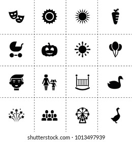 Happy icons. vector collection filled happy icons. includes symbols such as duck, goose, carrot, theatre mask, balloon, ferris wheel. use for web, mobile and ui design.