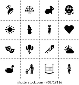 Happy icons. vector collection filled happy icons. includes symbols such as duck, rabbit, bee, theatre mask, balloon, fireworks, snowman. use for web, mobile and ui design.