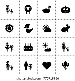 Happy icons. vector collection filled happy icons. includes symbols such as sheep, duck, rabbit, balloon, heart, pumpkin, cake. use for web, mobile and ui design.