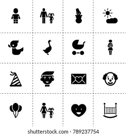 Happy icons. vector collection filled happy icons. includes symbols such as goose, clown, balloon, snowman, party hat, pram, boy, duck. use for web, mobile and ui design.