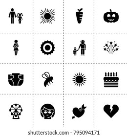 Happy icons. vector collection filled happy icons. includes symbols such as sun, bee, carrot, broken heart, ferris wheel, pumpkin. use for web, mobile and ui design.