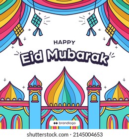 happy idul fitri eid mubarak islamic religion day greeting with colorful mosque illustration