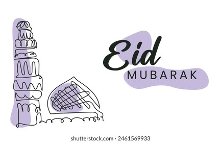 Happy Idul Fitri Eid Mubarak Islamic Religion, One Line Art Vector.