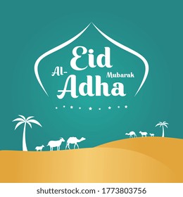 Happy Ied al Adha mubarak islamic on blue background. Islamic greeting card design with camel on sahara element in paper cut style. Wishing you very happy Eid Written. Vector Ied Adha