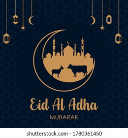 happy ied al adha mubarak islamic celebration cow and sheep vector with half moon and lantern in islamic pattern 