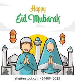 Happy Ied Mubarak 1445 greeting card vector isolated. Islamic muslim cartoon. Best for muslim and ied related concept