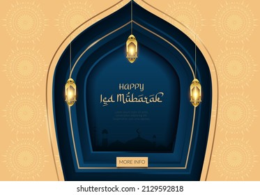 Happy ied mubarak background with mosque window and lantern