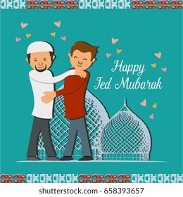 Happy Ied Mubarak, an illustration of two people hugging each other with dome background in happy color theme, good for poster, idul fitri card, and digital banner.