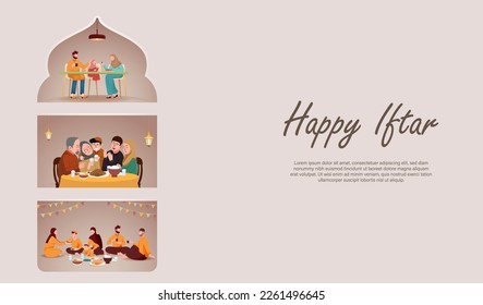 Happy Iftar Concept with Various Muslim Family Having Meal Togethr with Family. Ramadan Kareem Vector Design for Poster and Banner. Break Fasting Activity